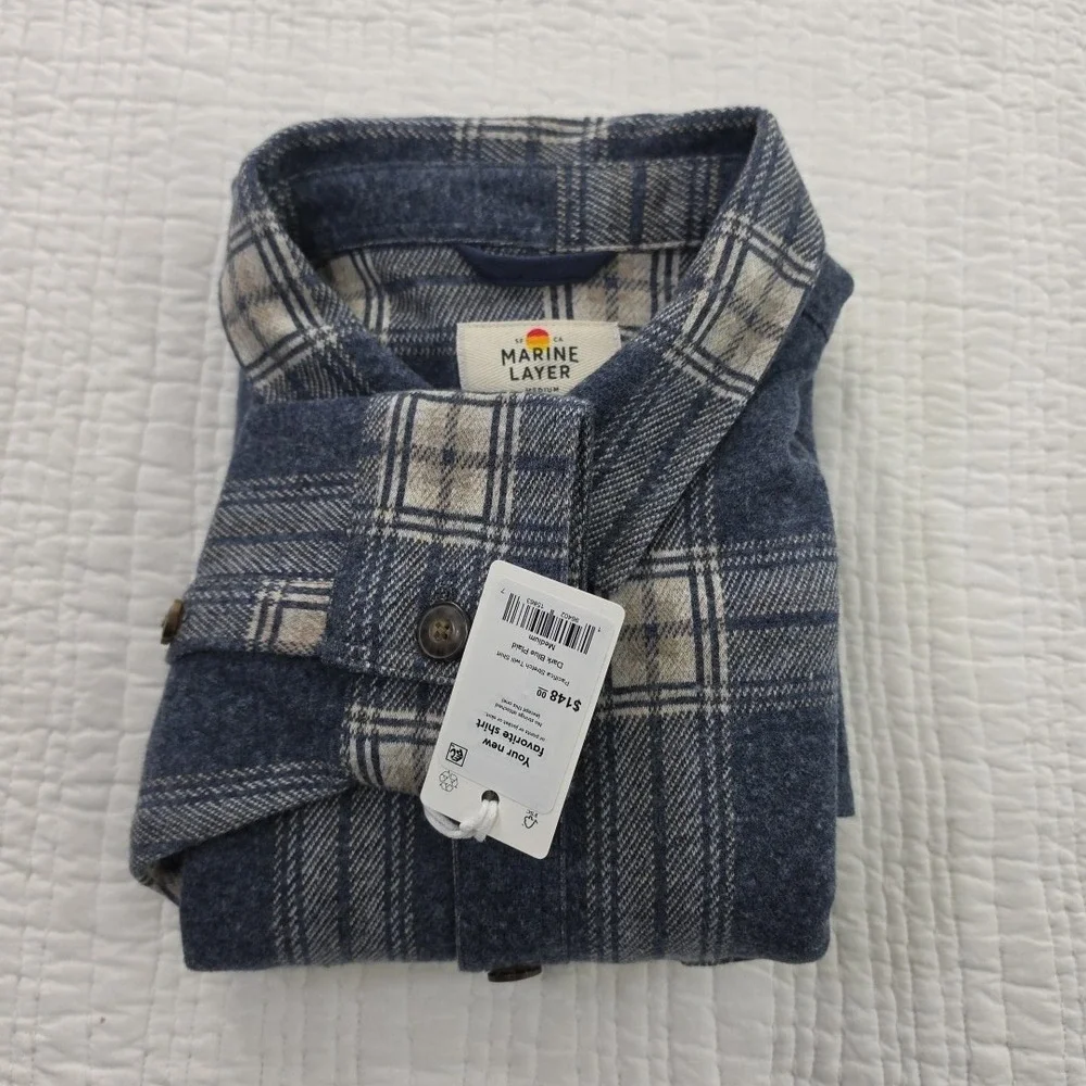 Marine Layer Pacifica Stretch Twill Shirt Mens Medium Blue Plaid $148 NWT NEW